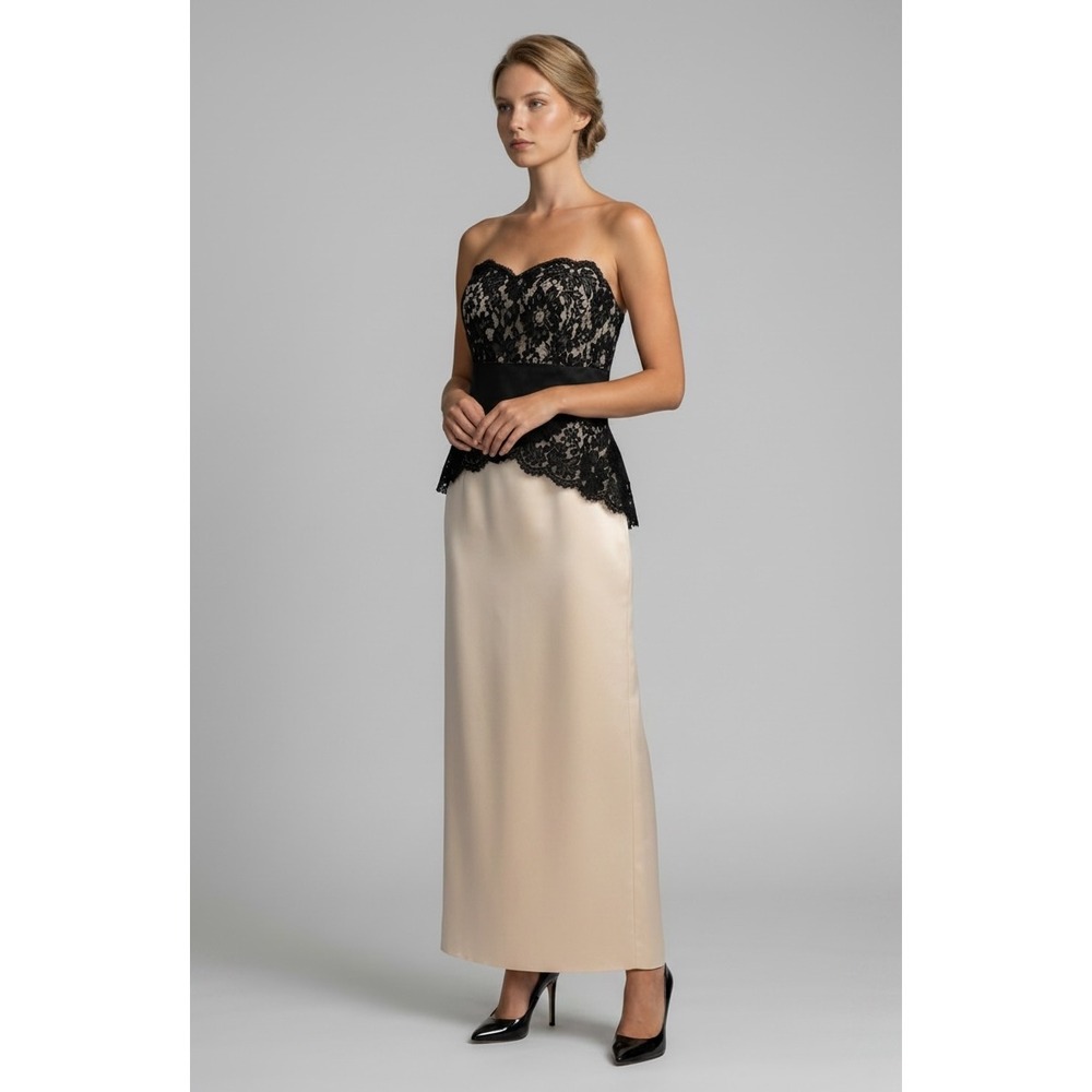 Dessy Collection Vivian Diamond Black Lace Peplum Gown Champagne Satin Size 10